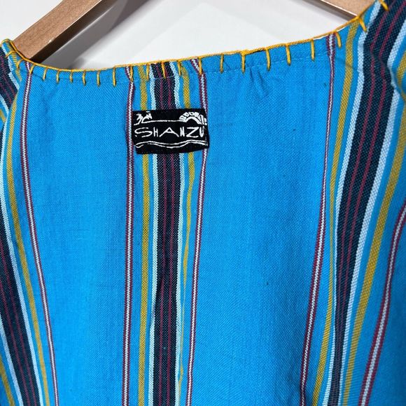 Shanzu Tunic Poncho Coverup Boho Fringe Striped Box Fit Blue Yellow Women's OS - Picture 8 of 8